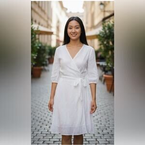 1. STATE Womens White Eyelet Wrap-Front Ruched Elbow-Sleeve Mini Dress SZ 10 NEW